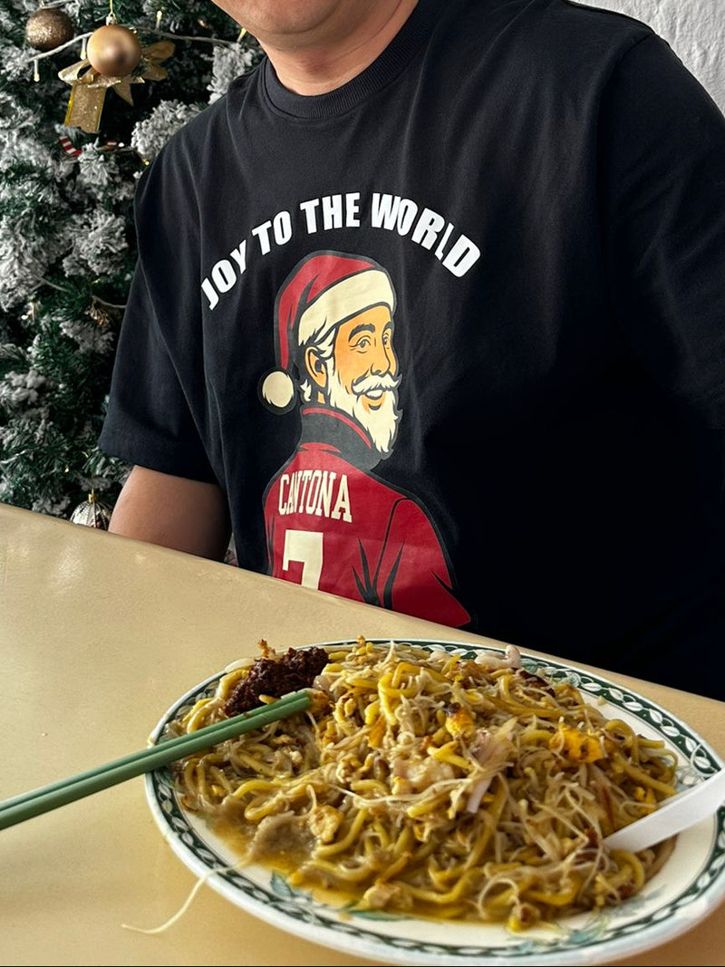 Man sitting at a table with Xmas Santona front of a decorated Christmas tree.