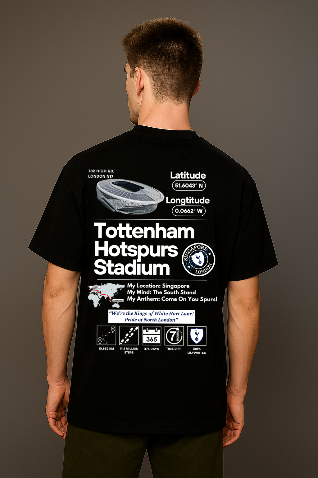 Person wearing a black t-shirt with Tottenham Hotspurs Stadium information on the back against a gray background 10852