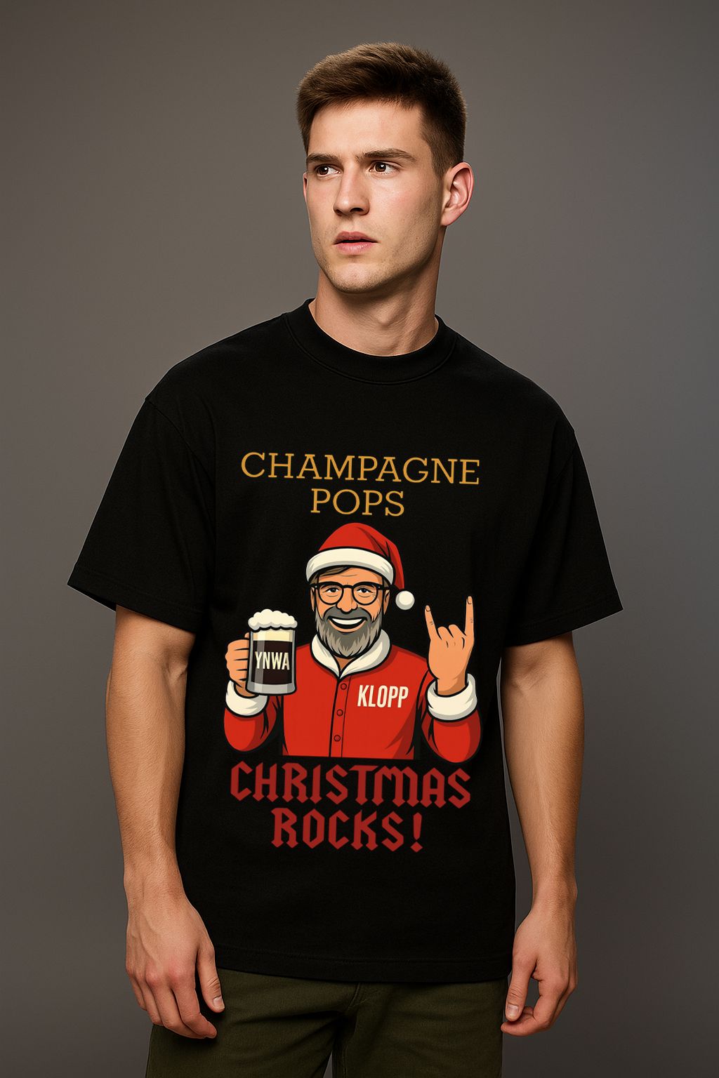 A man wearing a black Rock & Roll made by Unique for Fans