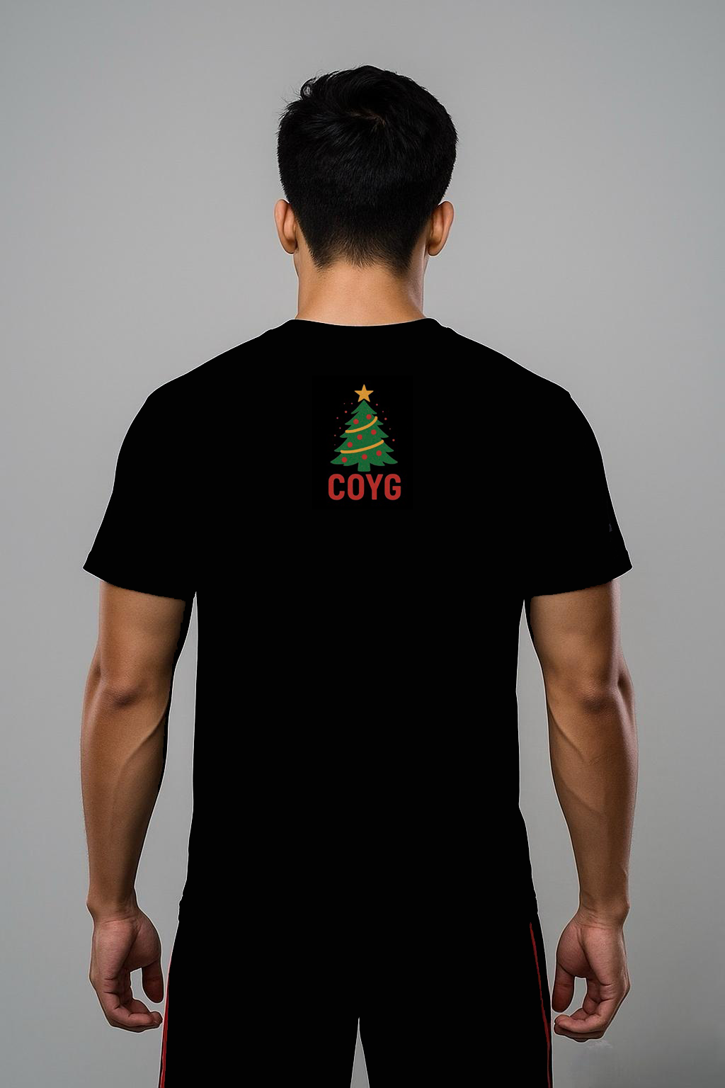 A man wearing a black Trust-the-Process with COYG at the back T shirt made by Unique for Fans
