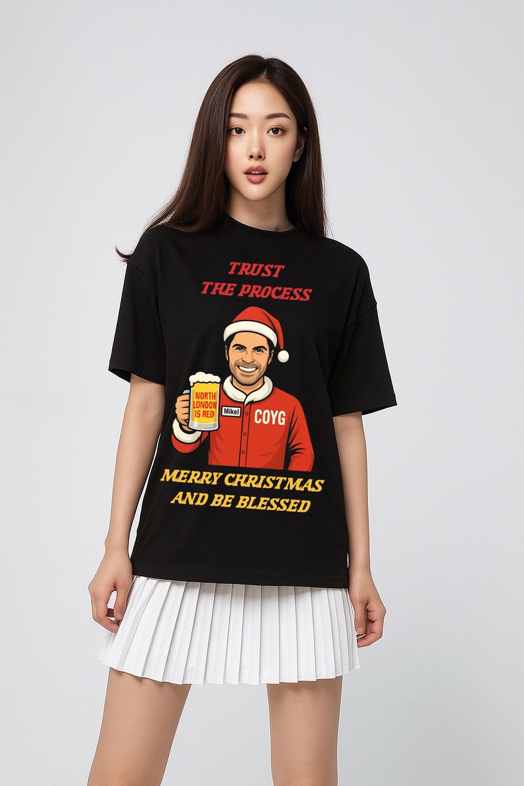 A lady wearing a black Trust-the-Process T-Shirt made by Unique for Fans