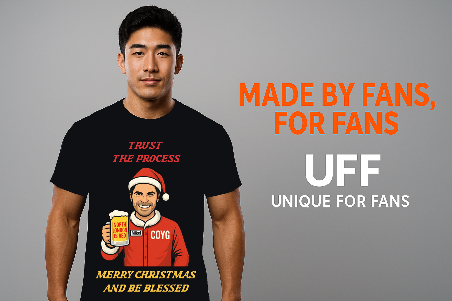 A man wearing a black Trust-the-Process T shirt made by Unique for Fans