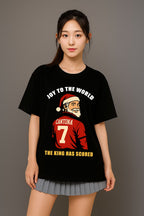 A lady wearing a black King Santona T-Shirt made by Unique for Fans