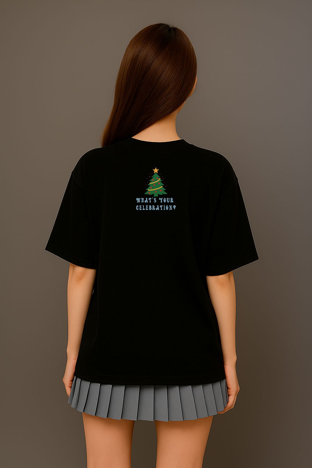 A lady wearing a black Meditate t shirt back made by Unique for Fans