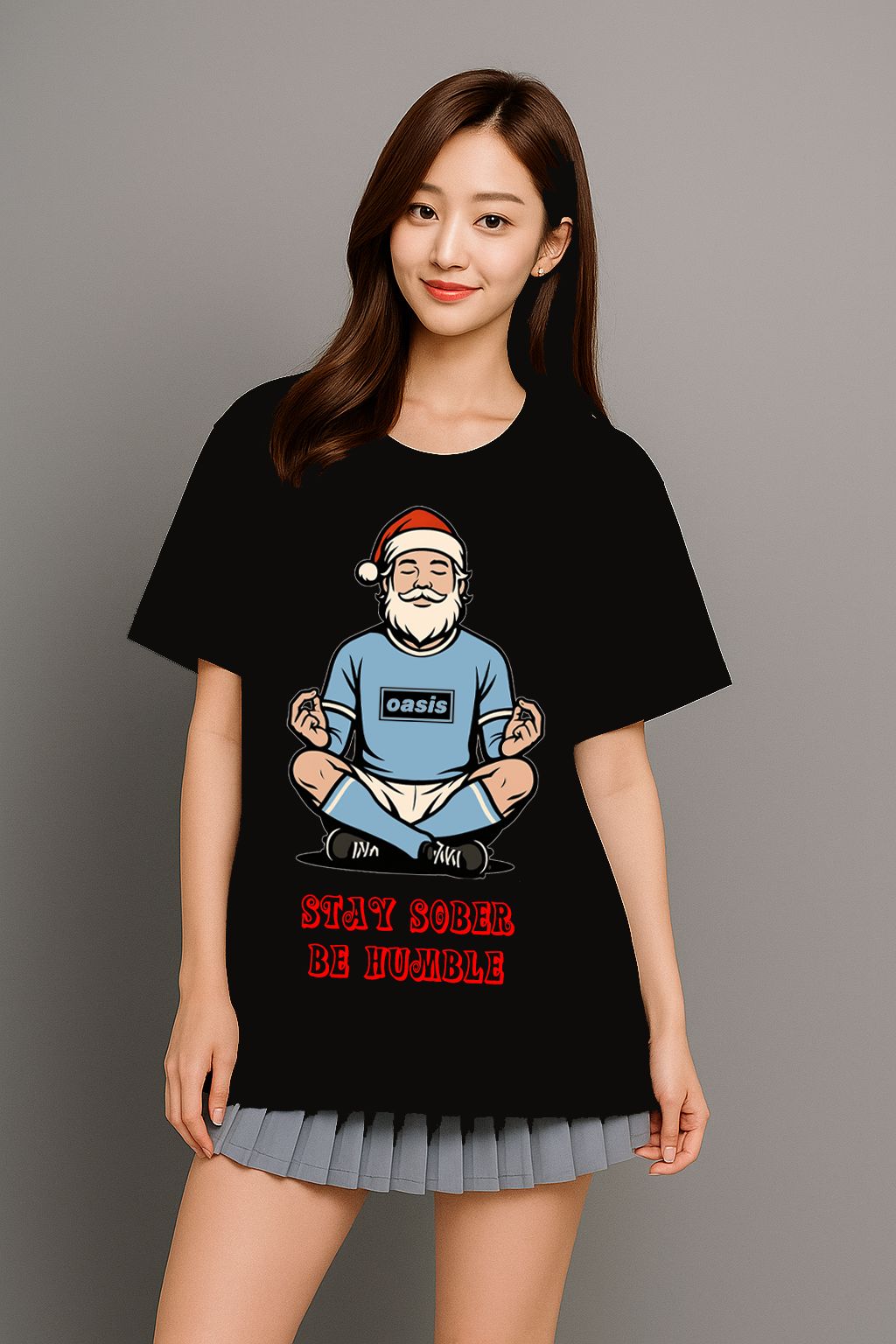 A lady wearing a black Meditate t-shirt made by Unique for Fans