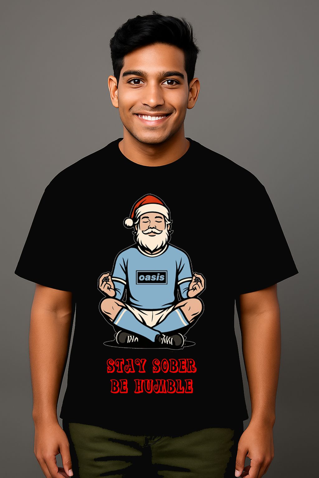 A man wearing a black Meditate t shirt made by Unique for Fans
